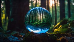 Une sphère en cristal reflétant une forêt verdoyante sous la lumière du soleil levant, posée sur un tronc moussu.