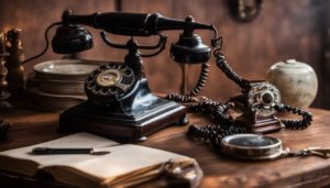 Deux téléphones anciens à cadran rotatif sur un bureau en bois avec un livre ouvert et un stylo-plume.